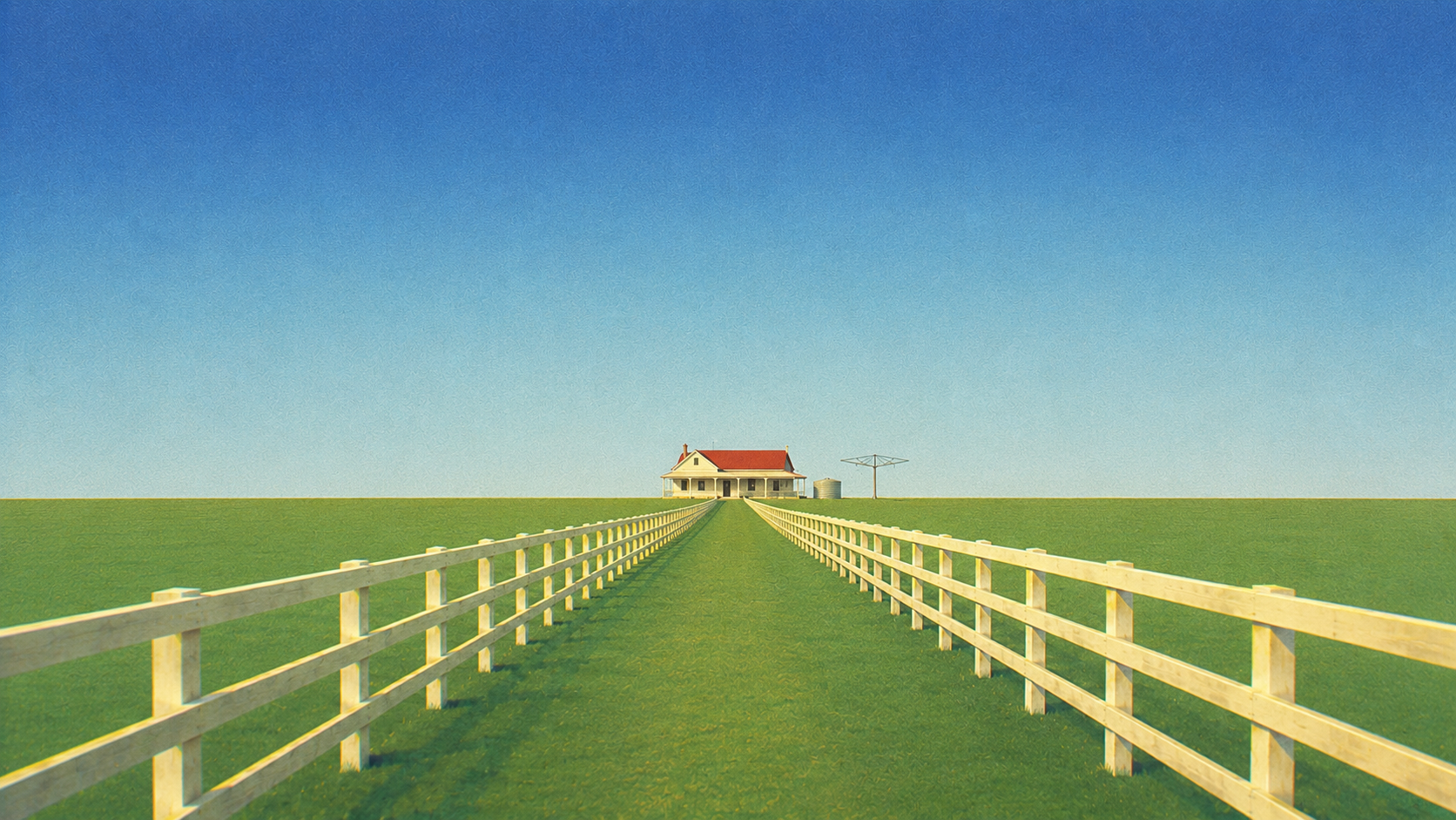 A farmhouse behind white fences under a clear blue sky — how the world looks with a stable tear film